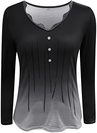 Ženska Vježba Tops ženska čvrsta majica gradijent Print čipkasti spoj Top dugme Dugi rukav košulja V vrat