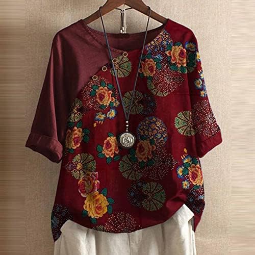 Žene plus veličine posteljina majica Vintage cvjetni ispisani gumb Bluuses Crewneck Polupljev rukav ljetni vrhovi