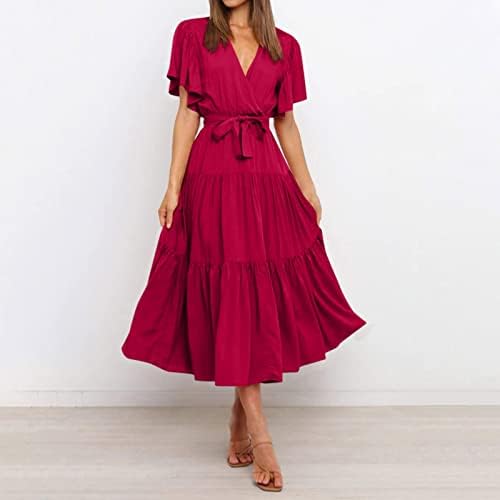 Ženske duge haljine Ljeto casual v-izrez Solid Boja kratki rukav otvor za struk Boho haljina