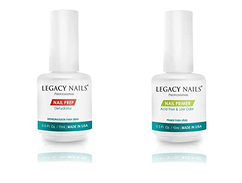 Legacy Nails Professional nail Prep & amp; Primer .5oz svaki dehidrator za pripremu noktiju i prajmer za nokte Set bez kiselina bez mirisa, prajmer bez kiseline & amp; Dehidrat Prep ,lijepljenje za akrilne ekstenzije noktiju u prahu