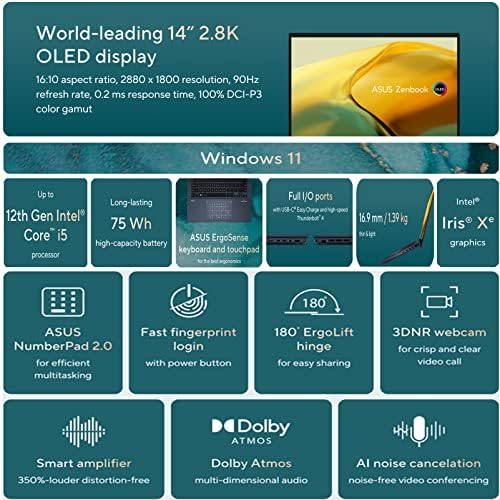 Asus Zenbook 14 OLED Laptop, 14 2.8 K 16:10 Ekran, 12th Gen Intel Evo i5-1240P 12 jezgro CPU, senzor otiska prsta, 8GB RAM, 256GB PCIe SSD, sa 4-Portnim USB 3.0 glavčinom, plava