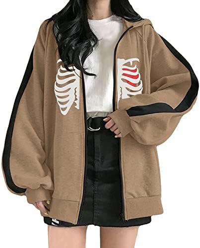 Ženska zip up duhovita Y2K Vintage skelet grafički predimenzij dukserice s kapuljačom harajuku jakna estetska odjeća
