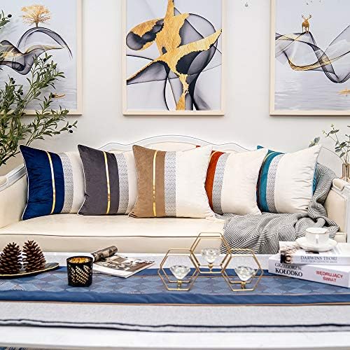 Yangest mornarsko plavi patchwork baršunasto lumbalni jastuk sa zlatnim prugastim kožnim jastukom od kože modernog luksuznog jastučnica za kauč kauč za spavaću sobu dnevni boravak Kućni dekor, 12 x20