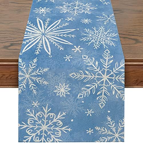 Siilues zimski stol trkač, plavi zimski ukrasi za snježne pahulje za božićni trkač za stol sezonski