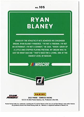 AUTOGREMENA RYAN BLANEY 2022 DONRUSS Racing Team Penske potpisao je Nascar Kolekcionarni trgovački