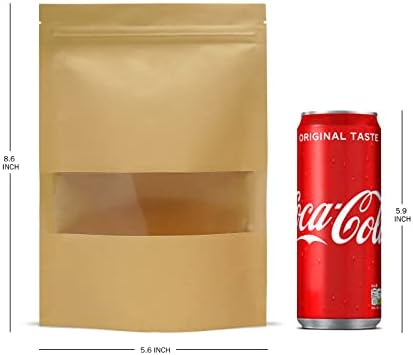 Qecyclable tech 50kom Kraft Stand up torbe,smeđe Kraft torbe sa patentnim zatvaračem sa prozorom, torba za odlaganje poklona za hranu, za višekratnu upotrebu, višenamjensko skladište -5, 9x8, 6 inča