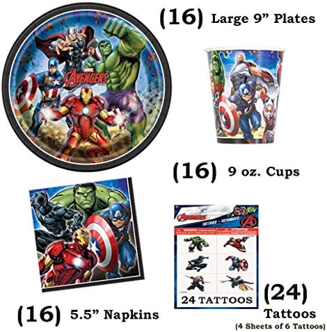 Avengers set potrepština za rođendanske zabave - služi 16 - uključuje ukras banera, pokrivač za stolove, tanjire, šolje, salvete, tetovaže i svijeće