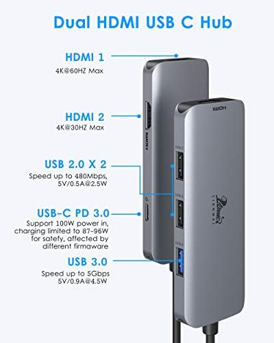 Lionwie 6 u 1 USB C do dual HDMI Hub Adapter, 7 U 2 USB C HUB Adapter za MacBook Pro Air 2021-