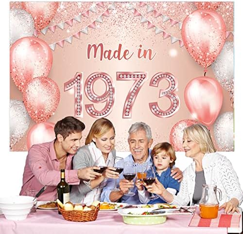 Made in 1973 Rose Gold Happy 50th Birthday Banner Cheers to 50 Years Backdrop Balloon Confetti Theme
