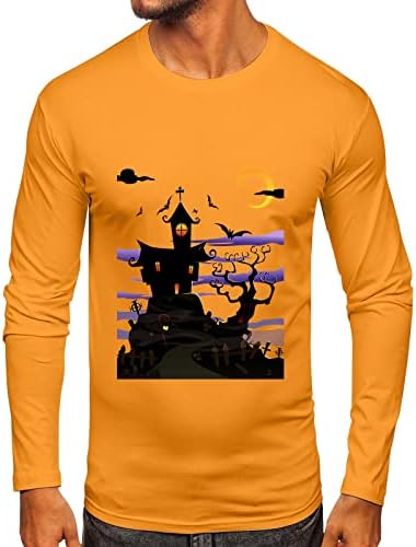 XXBR Halloween Muške majice, muškarci Happy Halloween Haunted House Print dugih rukava Smiješna grafika Slim Fit Atletic Mashirt