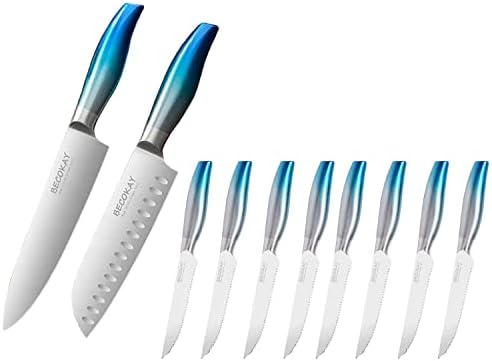 BECOKAY set noževa za odreske od 8, 8 inča Kuharskog noža i 7 inča Santoku noža, vrhunski oštri noževi od nehrđajućeg čelika s elegantnom ergonomskom ručkom i poklon kutijom za kućnu kuhinjsku večeru