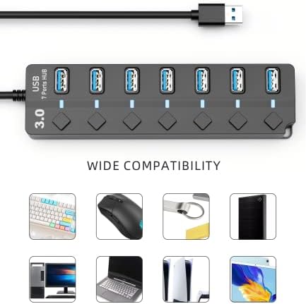 USB Hub 3.0, EANETF 7 Port USB hub sa LED pojedinačnim prekidačima za Uključivanje/Isključivanje i produženim dugim kablom za MacBook, Mac Pro, Mac Mini, iMac, Surface Pro, XPS, PC