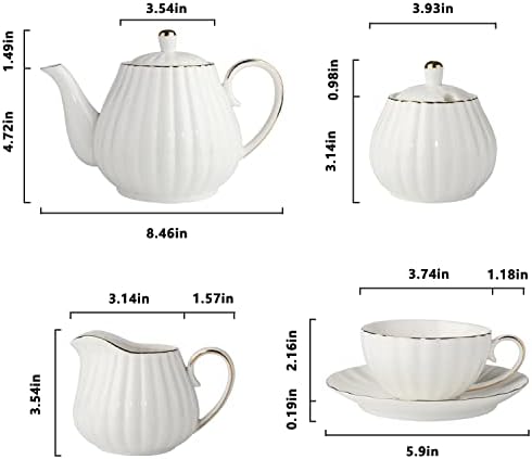 Porculan čaj -7 oz čajnih čajnih čaša i kolica za čaj za 6, zlatna trimsprmkin Fluinuta oblika kava set sa čajnim posudom, posuda za šećer, savršen za popodnevni čaj