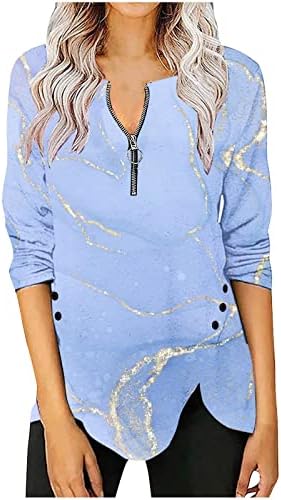 Nepravilne košulje za žene za žene narezane bočne proreze s dugim rukavima Torbica Zip Pulover vrhovi Mramove teksturirane Henley Bluze