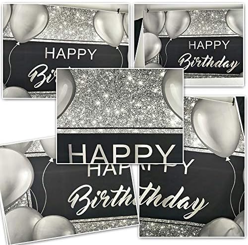 Laeacco Happy Birthday backdrops 10x8ft crna i srebrna Glitter Birthday Backdrops za muškarce sivi baloni