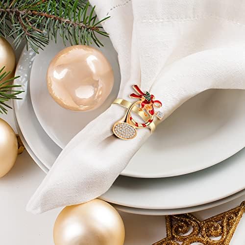 Sieral Božićni prstenovi za salvete Set od 6, metalni vještački dijamant slatki držači trpezarijski sto za zimske praznike svadbena zabava dekoracija banketa, zlato, crveno, zeleno