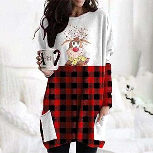 Ženske Casual Mini haljine Božić karirani Print sarafan dugi rukavi Crewneck džep Homecoming pulover
