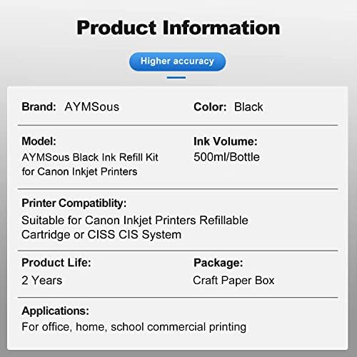 AYMSous zamjena za Canon black Ink Refill ink Kit Dye Ink 500ml za Canon Inkjet štampače za