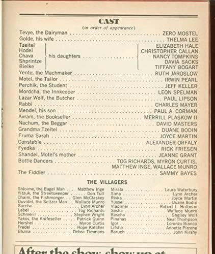 Fiddler na krovu, Broadway plakat + Zero Mostel, Thelma Lee, Ruth Jaroslow, Paul Lipson, Sammy Bayes, Christopher Callen, Irwin Pearl, Jeff Keller