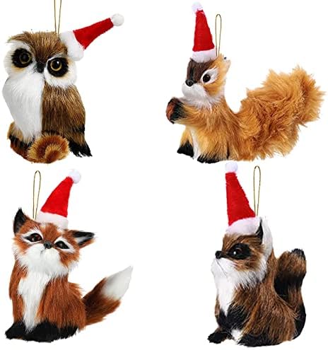 Set od 4 životinjska privjeska visoke simulacije sa božićnim šeširima, Super slatka krznena Sova vjeverica Fox rakun