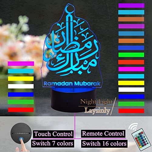 Laysinly Ramadan 3d led noćno svjetlo, USB Touch 3D noćna lampa za spavaću sobu, 16 boja promjena stolna lampa daljinsko upravljanje 3D noćna lampa Eid Mubarak Ramadan dekoracija