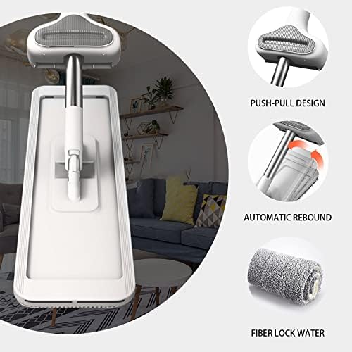 360 Hands-Free Mop za čišćenje podova, ravni Mop-mikrovlakana sa 4 x Perivim jastučićima, ručno pranje bez tvrdog drveta i prozora, Bijelo