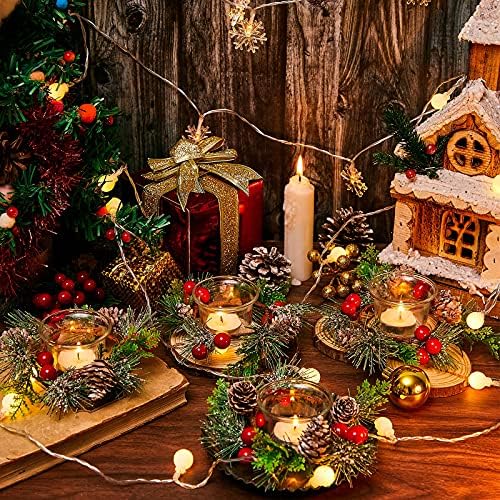 4 Set Božićni prstenovi za sveće Votive svijećnjak staklo TeaLight svijećnjak Pinecone Berry svijećnjak