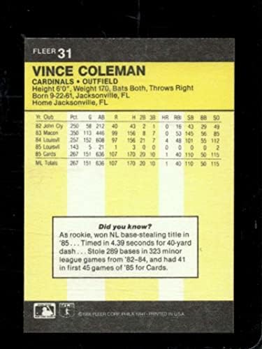 1986. Fleer 31 Vince Coleman NMMT Cardinals