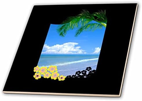3dRose mirna scena na plaži sa tropskim cvijećem i palmama. - Pločice.