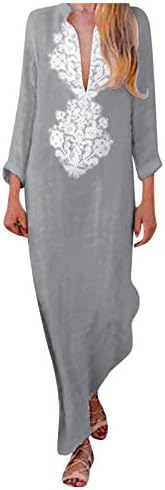 Tifzhadiao Maxi haljina za žene dugih rukava dubok V vrat Ležerne duge haljine trendi pamučna posteljina