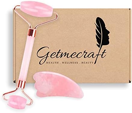 GetMecraft Jade Roller i Gua Sha alati set-ružičasti kvarcni valjak - real prirodni žadbica masažer za borbu protiv bora, anti starenja, pomlađujuća kože