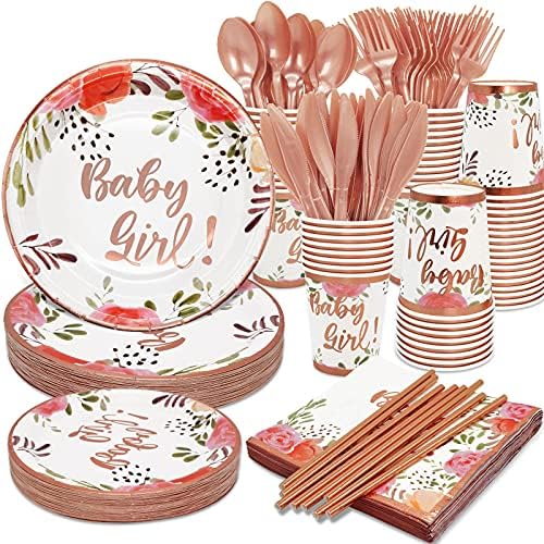 Baby Girl tuš tanjiri i salvete potrepštine za zabavu za 24 gosta,ružičasti ukrasi za tuširanje beba sa folijom