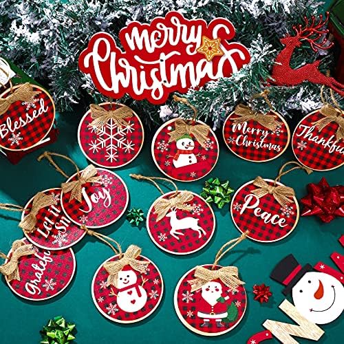 12 komada Božić Hrast velike kriške ukrasi drvo Buffalo karirani dekor Božić drvena pahuljica snjegović ukrasi Božić okrugli viseći dekor sa užetom za božićno drvce Home vanjski unutarnji dekor