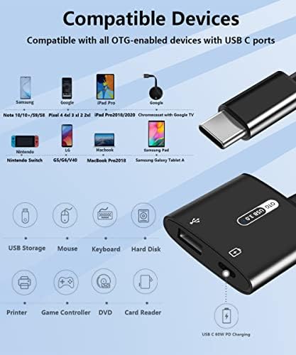 USB C OTG Adapter sa napajanjem, 2 u 1 USB C na USB sa 60W PD adapterom za punjenje kompatibilnim sa iPad Pro, Galaxy S23/S21 / S20+ / Note10 / Tab S8/S9, Google Pixel 7/6/5 / 4xl Google Chromecast sa Google TV-om