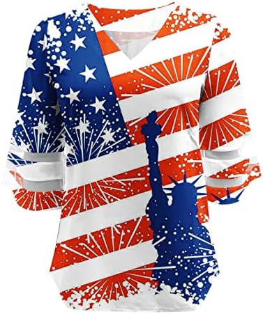 Ženska majica 3/4 rukava 2023 Deep V izrez Američka zastava Grafički Capri Mesh Patchwork bluza majica