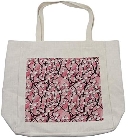 Ambesonne japanska torba za kupovinu, japanski sakura tree Flowers na kišobranima i zakrivljenim granama Romantic Blooms Art, ekološka torba za višekratnu upotrebu za namirnice plaža i još mnogo toga, 15.5 X 14.5, krema