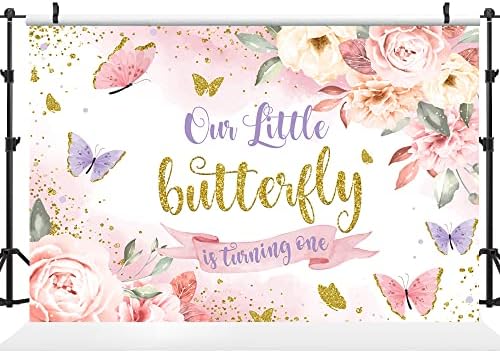 Ticuenicoa 5×3ft leptir Happy Birthday Backdrop Pink Butterfly Floral Girls 1st Birthday Background Kids Birthday Our Little Butterfly is Turning One Theme Party Banner Decorations