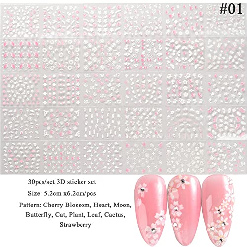 Cvijeće naljepnice za umjetnost noktiju 30kom Pink White Cherry Blossom Flowers 3D naljepnica za nokte set Cherry Cute cvjetne naljepnice za nokte Decal dizajn za djecu žene Nail Art dekoracija potrepštine oblozi za akrilne nokte