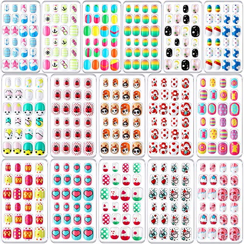 384 komada Kids Press on Nails Mini lažni nokti sa dizajnom Press on Nails for Kids Stick on kratki lažni nokti za Božićni nokat, 16 kutija