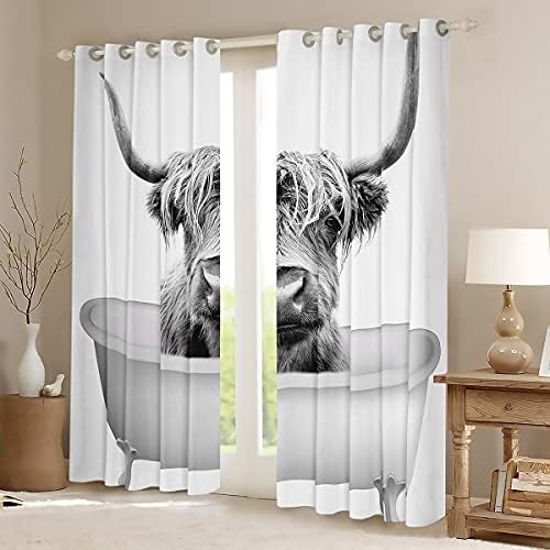 Dječje zavjese za goveda, smiješna bull goveda krava za zavjese u kadi tretmani prozori za spavaće sobe za spasionice zapadni kaubojski prozor za zavjere 2 ploče, siva bijela 52 wx96 l