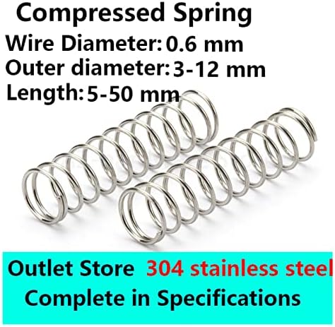 Kompresijski izvori pogodni su za većinu popravke i 304 nehrđajućeg čelika prečnik žice 0,6 mm, vanjskog promjera 3-12mm kompresijskog opruga