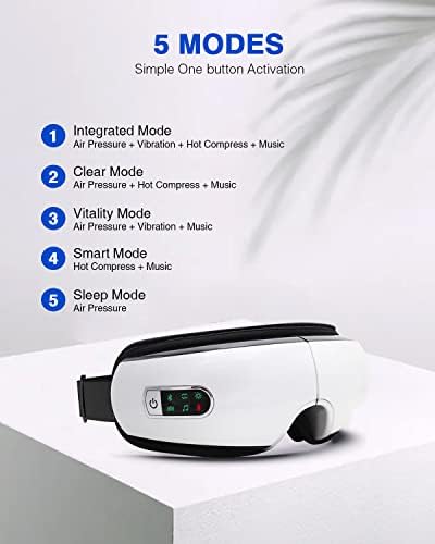 Ruord Eye Massager za migrene, sa vibracijom kompresije toplote Bluetooth glazbe punjiva, 5 masažnih načina za