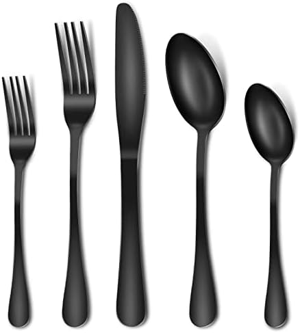 Set Crnog srebrnog posuđa, ASKSCICI 40 komada srebrnog posuđa za 8, set posuđa od nehrđajućeg čelika sa kašikama, noževi & viljuške, Set poliranog pribora za jelo u ogledalu, može se prati u mašini za sudove