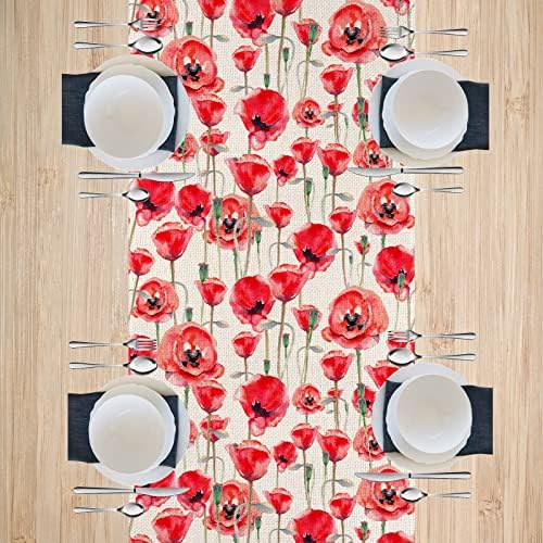 Eddert akvarel Poppy Spring trkač stola, sezonska dekoracija kuhinjskog stola za odmor za kućne zabave u zatvorenom prostoru 13x72 inča