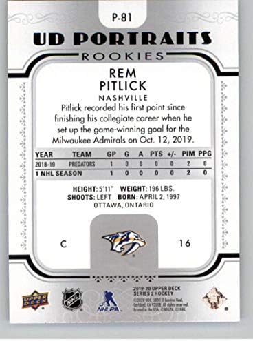 2019-20 Portreti gornje palube P-81 Rem Pitlick Nashville Predators Series 2 NHL hokejaška kartica