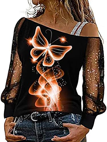 IIOUS Sequin tisak mreža dugih rukava za žene Seksi od pulover na ramenu Dressy asimetrični ramena na ramenu