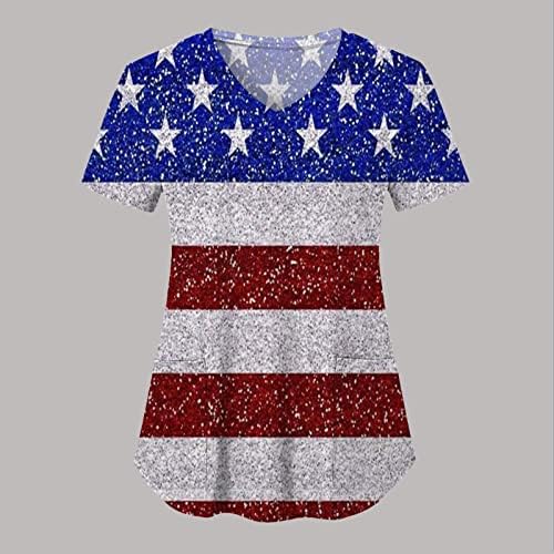Četvrti majica za žene za žene Američka zastava Ljetni kratkih rukava V izrez sa 2 džepa Smiješna za odmor casual radna odjeća