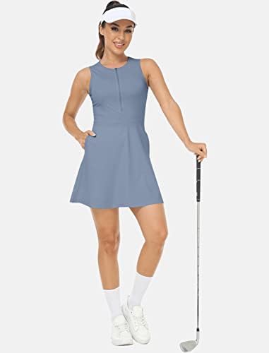 Mofiz tenis haljine za žensku haljinu za golf bez rukava s ugrađenim kratkim hlačama i 4 džepa Crewneck Athletic