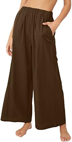 Ženske hlače elastične hlače visoke struke pamučne posteljine hlače joga plaže pantalone sa džepovima širine lutke za noge