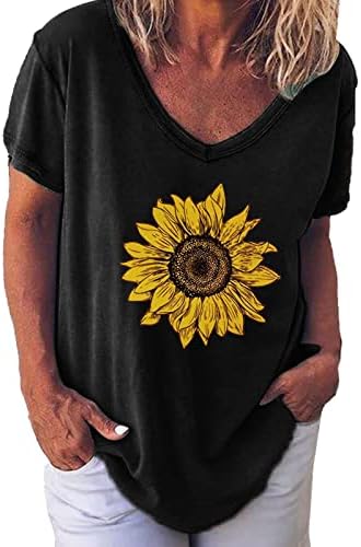 Ženske ručke vrhove kratkih rukava bluze Thirts scoop vrat suncokret cvjetni print labavi fit pad ljetnih